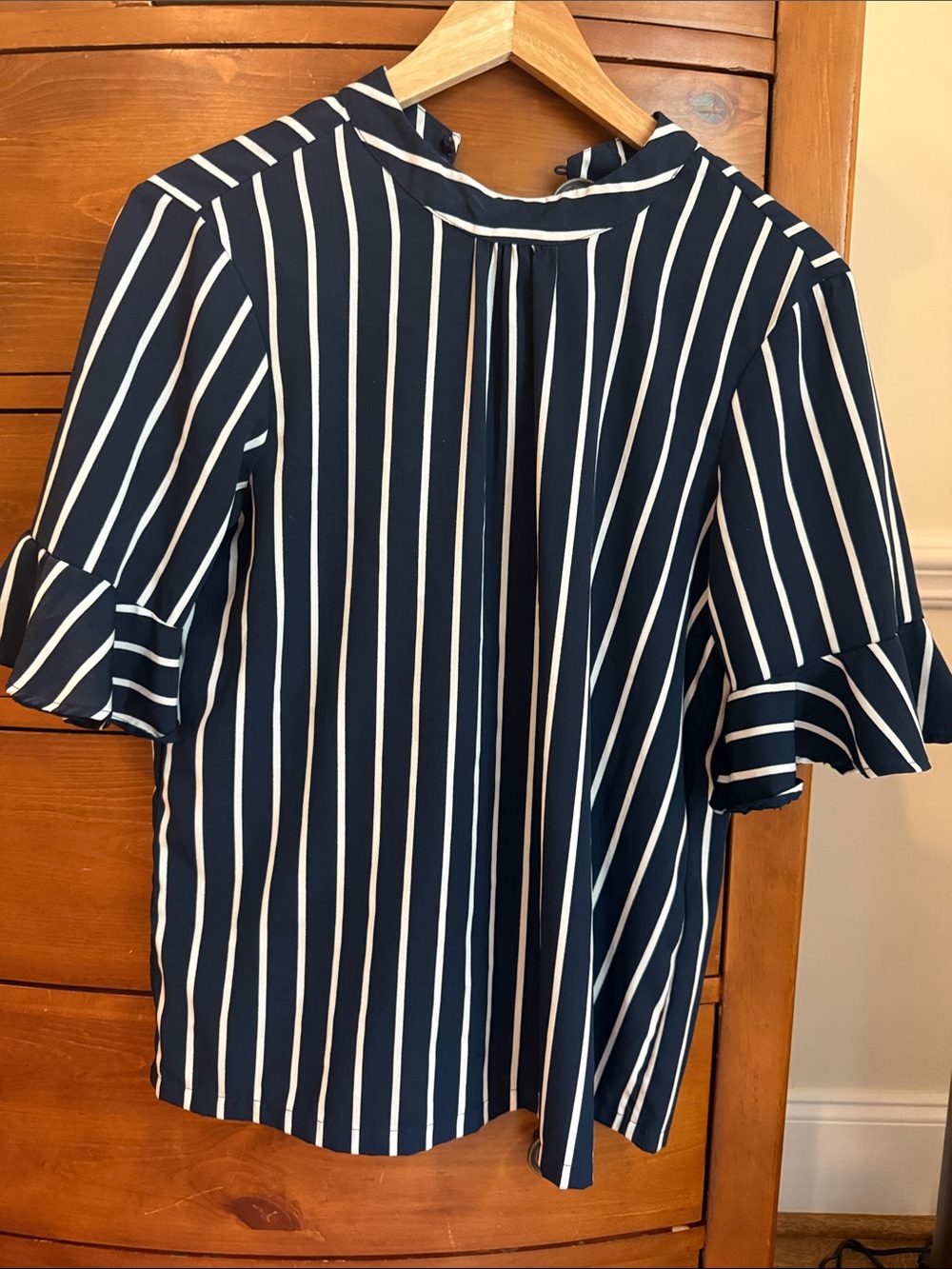 Vero Moda Navy and White Vertical Stripe Ruffle Sleeve Blouse